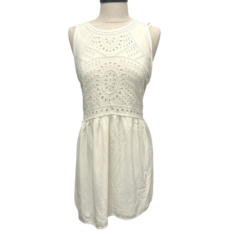 Hinge Womens Small White Eyelet‎ Embroidered Sleeveless Mini Dress Boho Festival